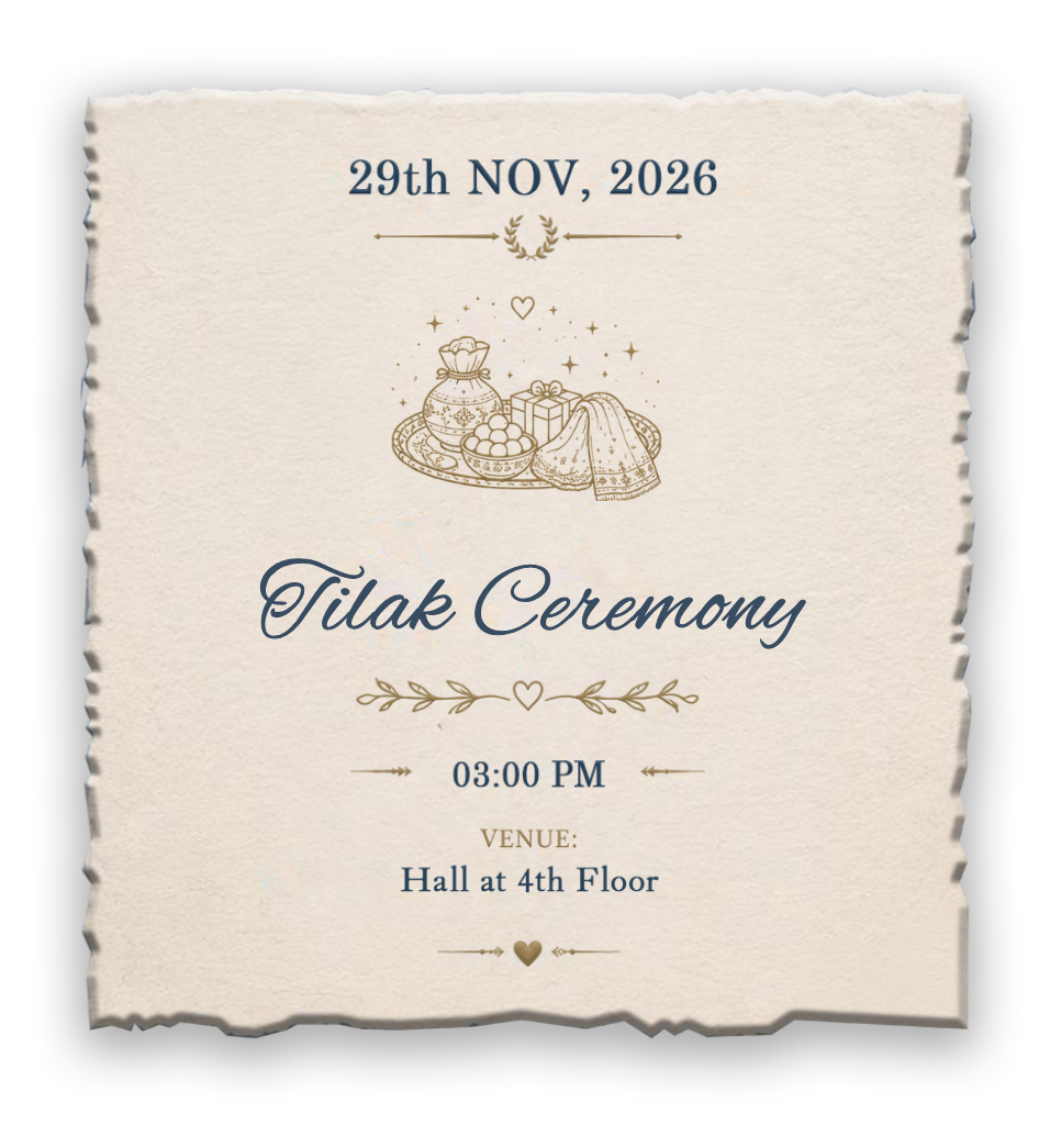 Tilak Ceremony - 29th Nov 2026, 03:00 PM at Hall at 4th Floor